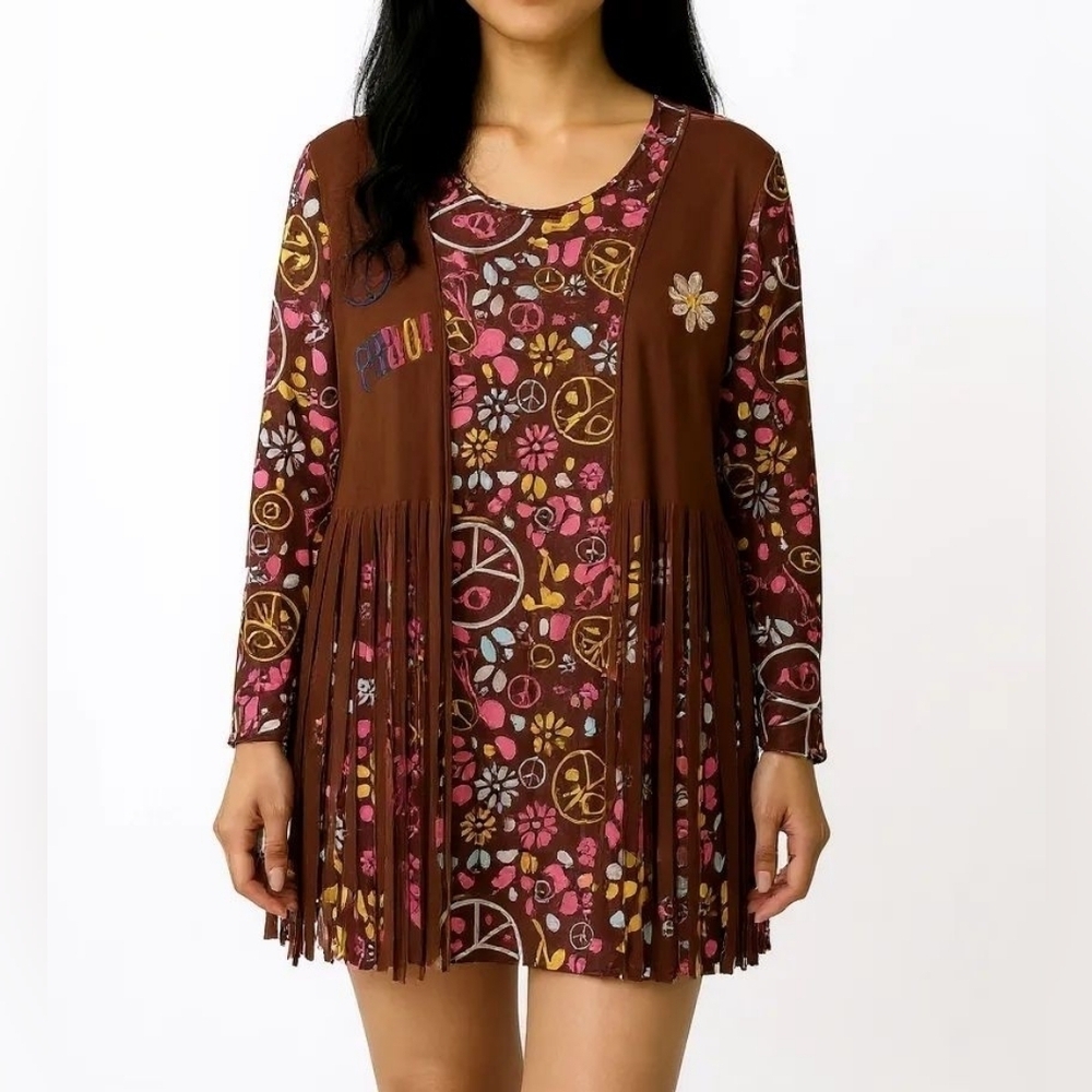 Women's 70's Hippie Faux Suede Fringe Vest Cosplay Halloween Mini dress XL